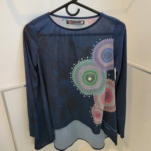 Desigual Blue & Green Round Neck Longsleeve Top Size S
